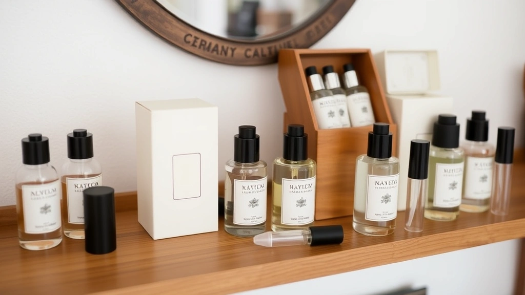 custom cologne bottles - 
Collection of refillable cologne bottles displayed on a wooden shelf with match