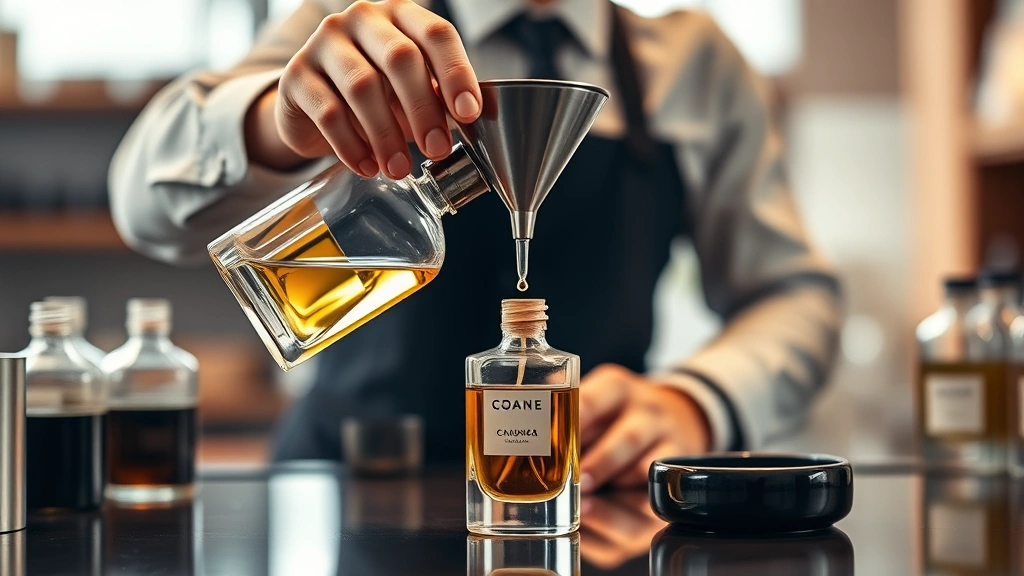 custom cologne bottles - 
Hands carefully decanting cologne into a glass atomizer using a funnel in a wel