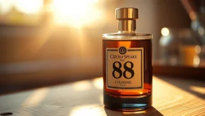 czech & speake's no. 88 cologne - Close-up of Czech & Speake No. 88 cologne bottle with morning sunlight casting g