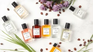 demeter cologne - Flat lay of multiple Demeter fragrance bottles in different scents arranged on w