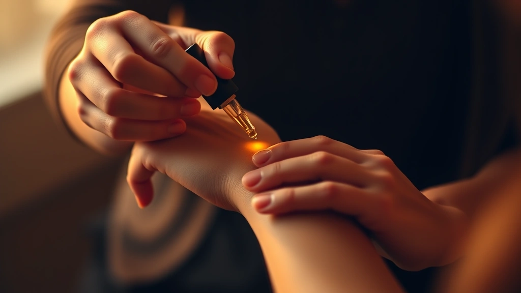 designer fragrance oils - 
Hands applying fragrance oil to pulse points on wrist with warm golden lighting