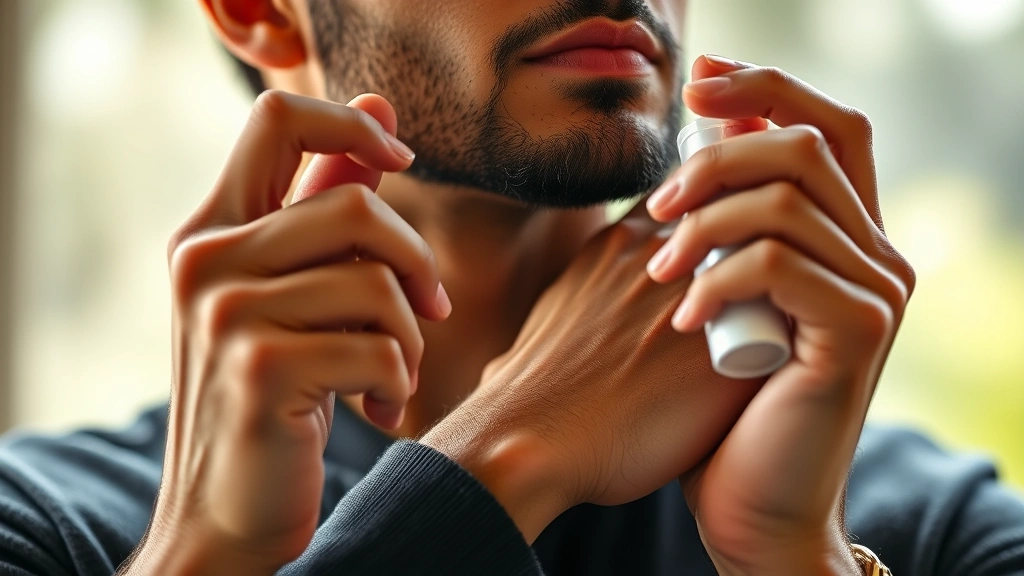 different types of cologne - 
Man applying cologne spray to pulse points on wrist and neck demonstrating prop