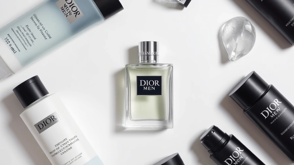 dior men's cologne - 
Overhead flat-lay of Dior men’s cologne bottle surrounded by complementar