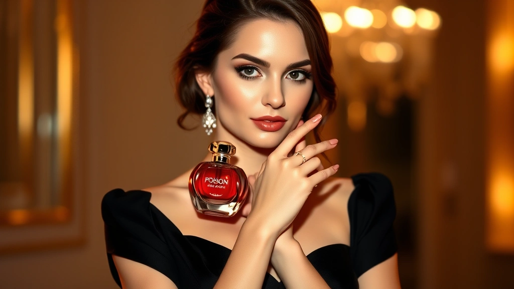 dior poison fragrance - 
Woman wearing elegant black dress applying Dior Poison fragrance to wrist with 