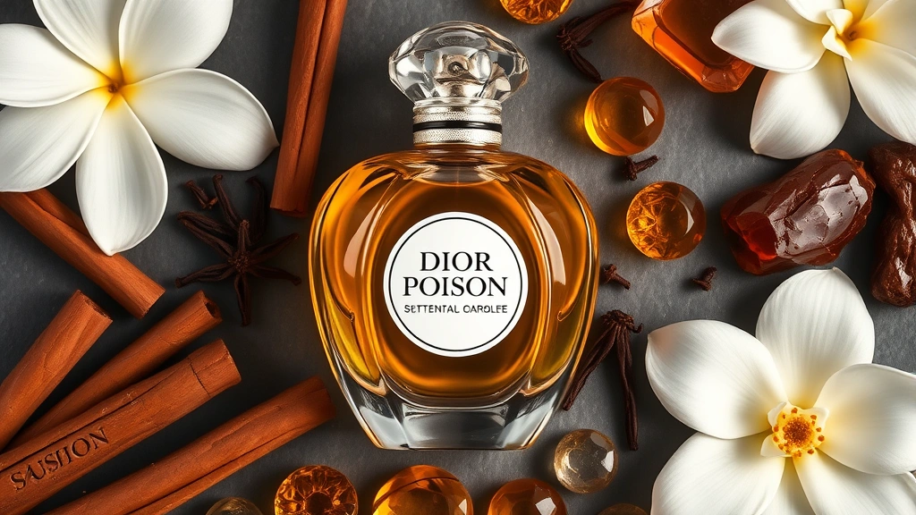 dior poison fragrance - 
Flat lay composition of Dior Poison bottle surrounded by cinnamon sticks, clove