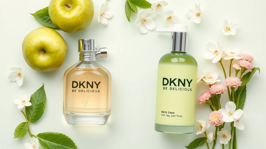 dkny fragrance be delicious - 
Flat lay of DKNY Be Delicious fragrance with matching body lotion, fresh green 