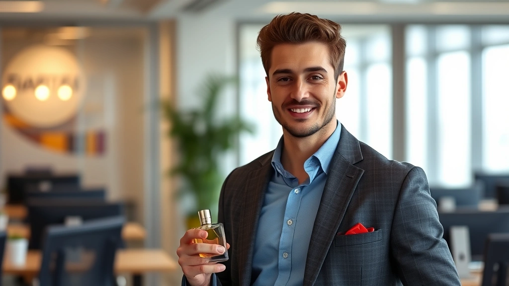 drake fragrance - 
Man in business casual outfit confidently wearing drake fragrance in office set