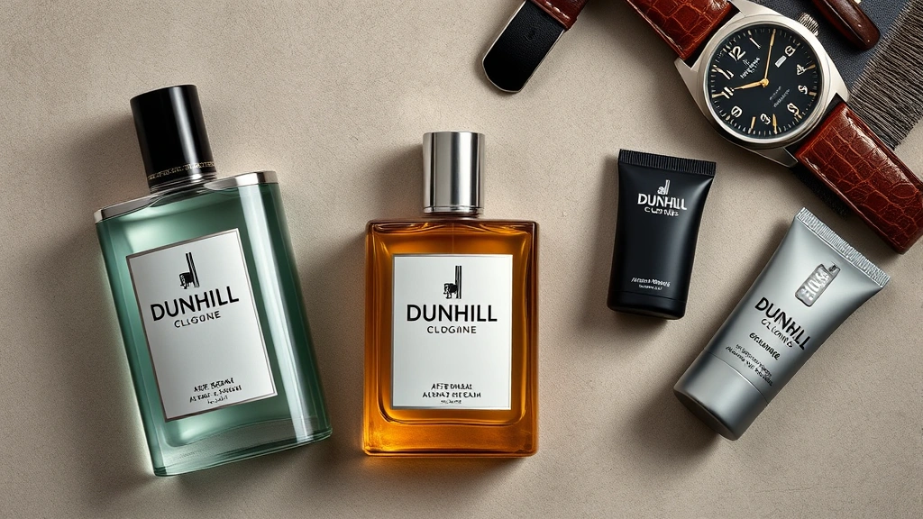 dunhill cologne - 
Flatlay showing Dunhill cologne alongside matching aftershave balm, grooming pr