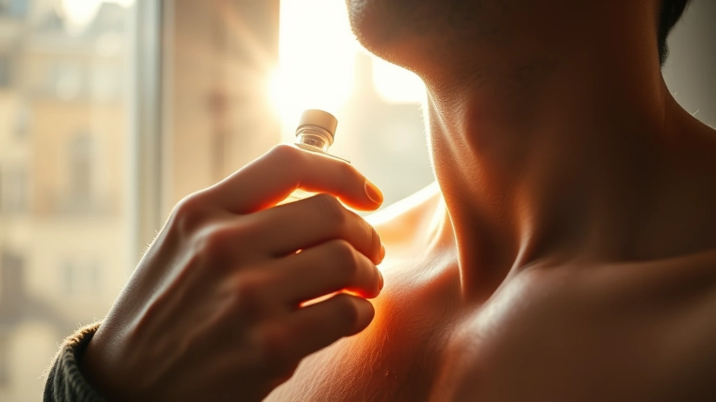 dunhill cologne - 
Man applying cologne to pulse point on neck with morning light filtering throug