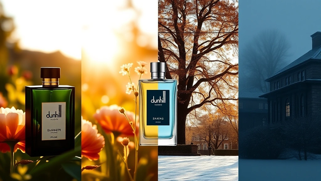 dunhill cologne - 
Seasonal split-screen showing Dunhill cologne in spring garden setting, summer 