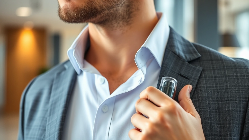 eau de cologne - 
Professional man in business casual wearing eau de cologne in modern office set