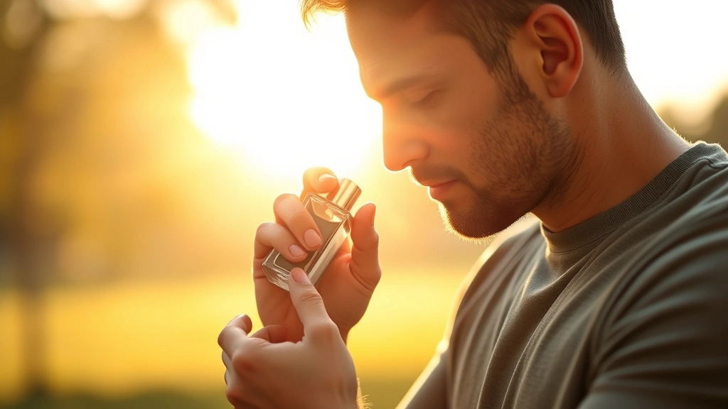ed hardy cologne - 
Man applying cologne to wrist pulse point with morning light in background, dem