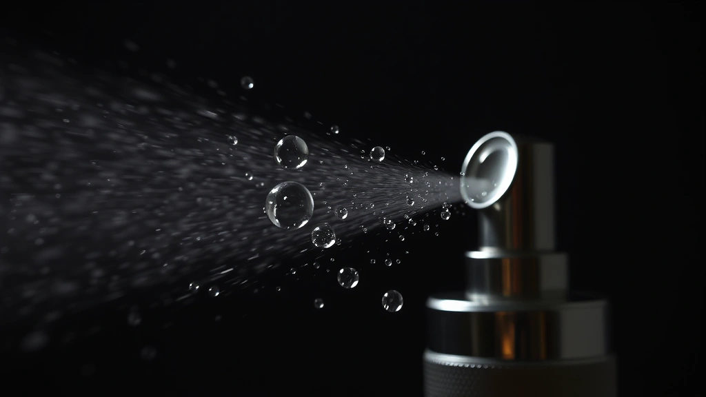 eight and bob cologne - 
Close-up of fragrance spray mechanism with droplets of cologne in the air showi