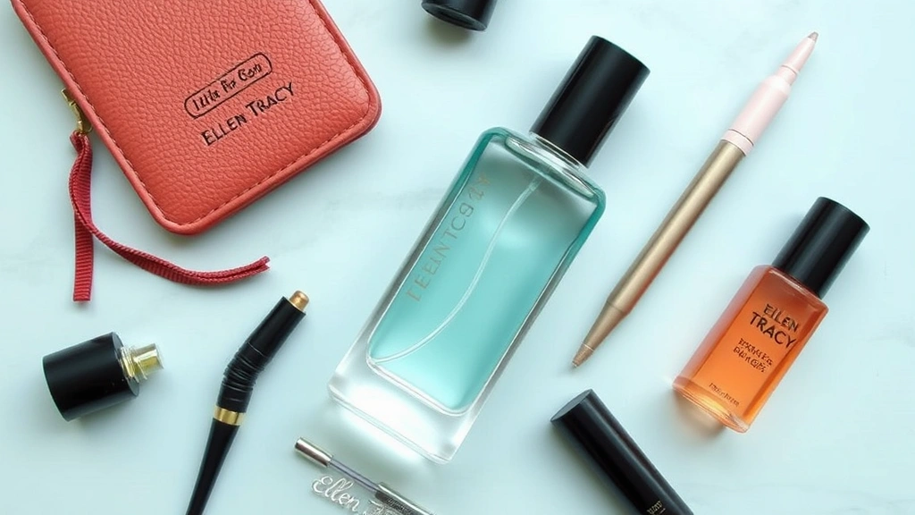 ellen tracy cologne - 
Flat lay of Ellen Tracy bottle with travel spray bottles and fragrance applicat