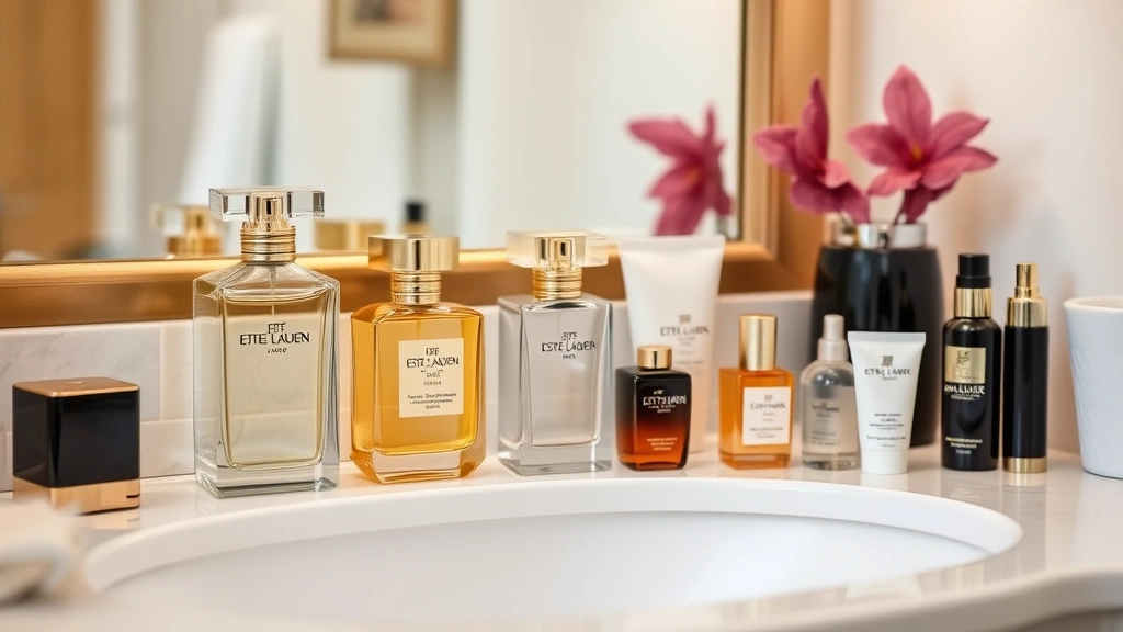 estee lauder fragrances -
Luxury bathroom vanity displaying Estée Lauder fragrance bottles alongside comp