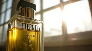 eternity cologne for men - Close-up of Eternity cologne bottle with morning sunlight streaming through a wi