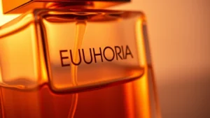 euphoria fragrance calvin klein - Close-up of Euphoria Calvin Klein fragrance bottle with warm amber lighting, sho