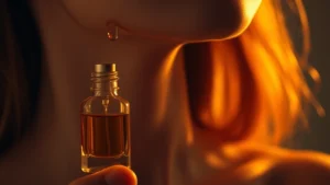 euphoria fragrance women - Close-up of a woman's neck and collarbone with a single droplet of golden amber