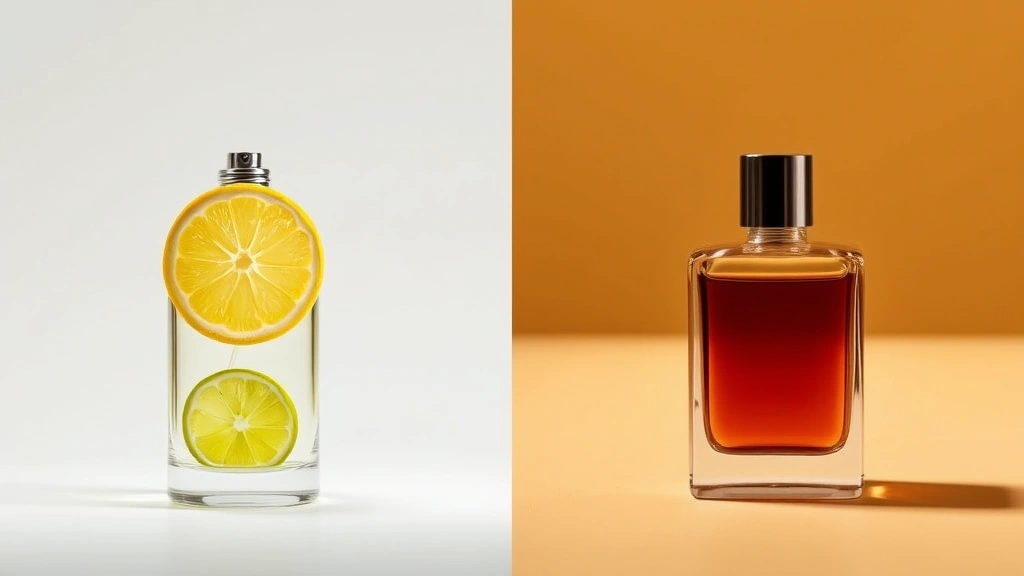 fantasy fragrance - 
Split-screen showing fragrance evolution: bright citrus opening on left transit