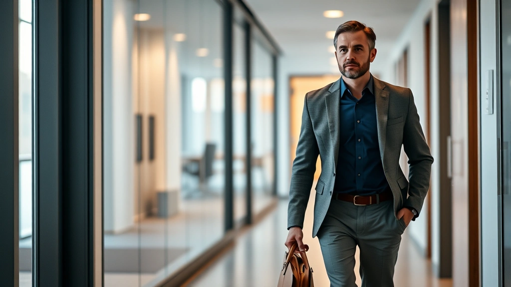 fanum cologne - 
Man in business casual attire confidently walking into an office or meeting, su