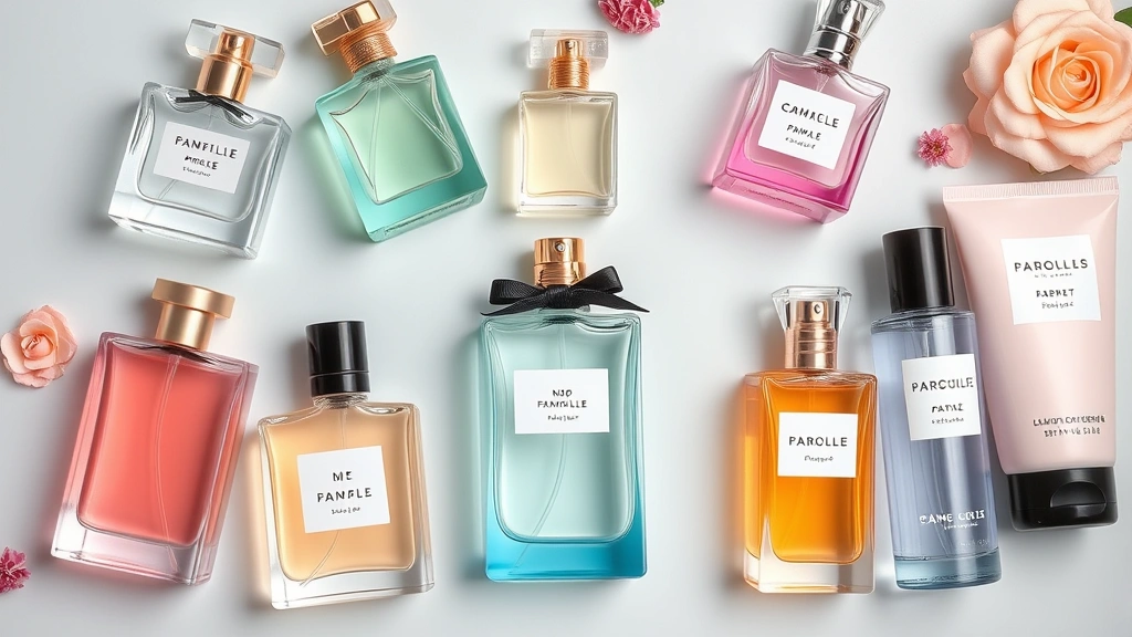 female fragrance perfume -
Flat lay of female fragrance perfume bottles in various styles and colors with