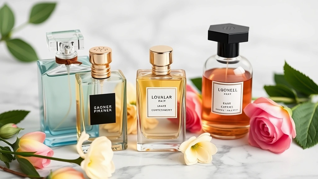 femme fragrances - 
Three different perfume bottles in varying styles and colors arranged on marble