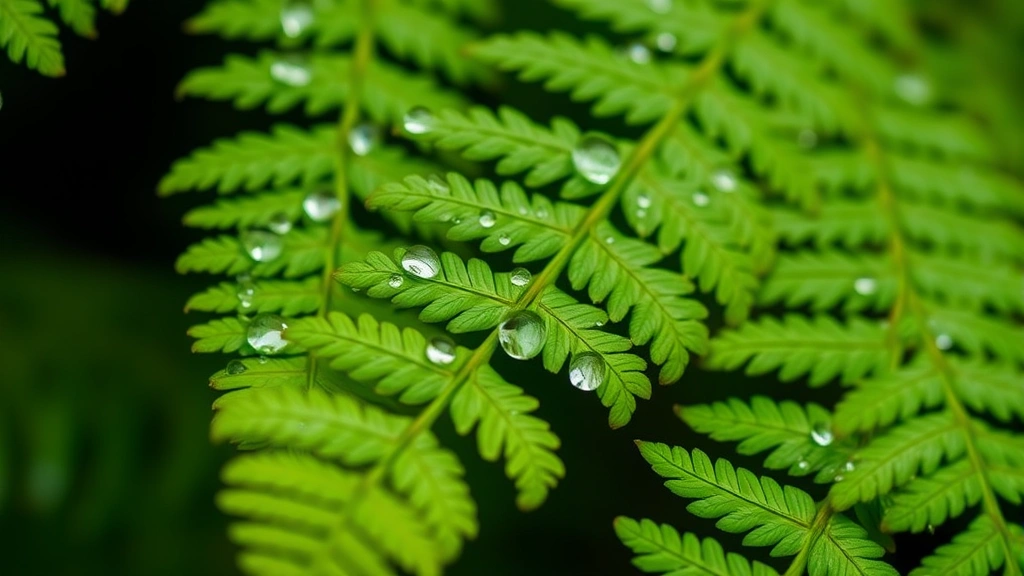 fern fragrance - 
Close-up of green fern leaves with water droplets, representing the botanical e