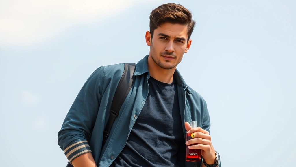 ferrari cologne - 
Male model wearing casual outfit with Ferrari Cologne, confident expression, na