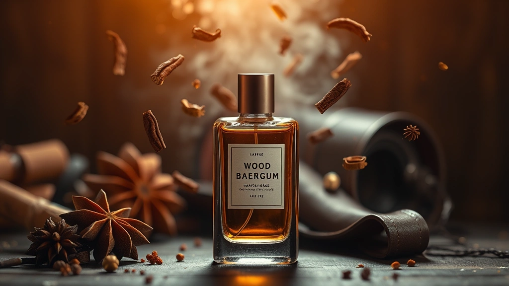 fierce cologne for men - 
Fragrance notes visualization: spice, wood, and leather elements floating aroun