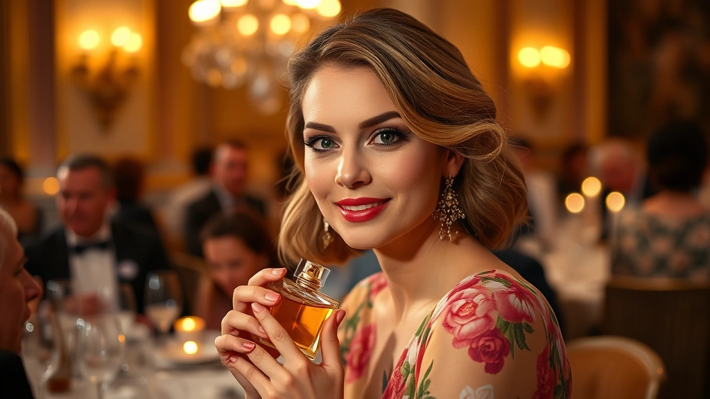 floral fragrance for women - 
Woman wearing a floral fragrance at a sophisticated dinner event, elegant setti