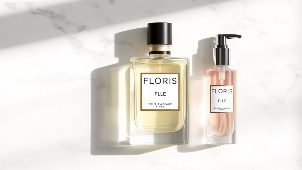 floris fragrance - 
Flat lay composition showing Floris fragrance bottle, matching body lotion, and