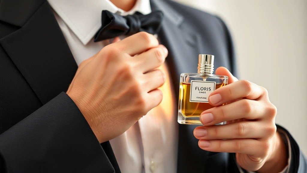 floris fragrance - 
Person wearing professional attire applying fragrance to neck pulse point, show