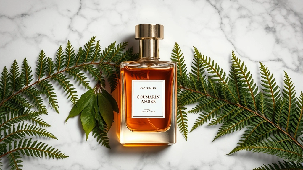 fougere fragrance - 
Elegant fragrance bottle with coumarin amber liquid inside, surrounded by oakmo