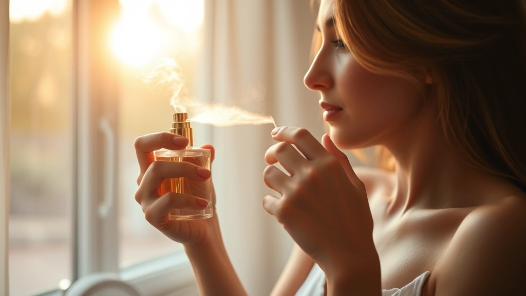 fragrance atomizer - 
Lifestyle shot of someone using a fragrance atomizer while getting ready, with 