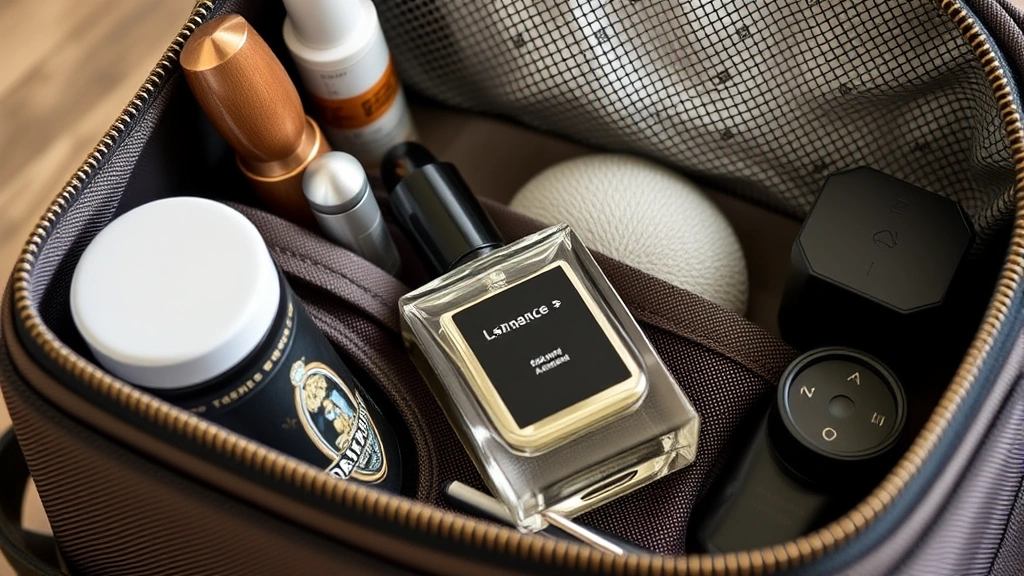 fragrance atomizer - 
Travel setup showing a compact fragrance atomizer packed in a toiletry bag with