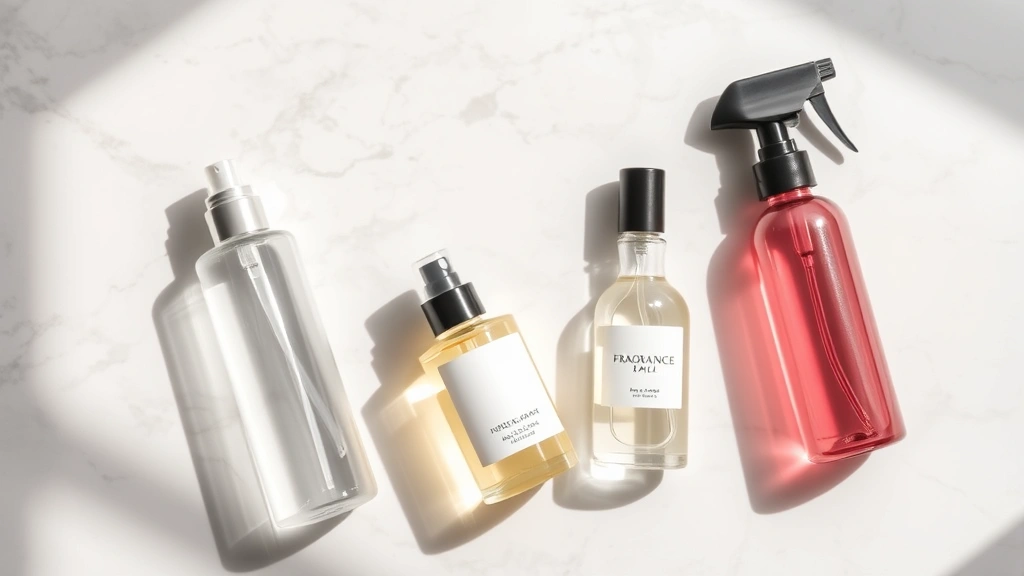 fragrance concentration - 
Overhead flat lay of fragrance application tools: spray atomizer, moisturizer, 