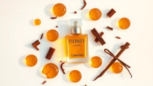 fragrance eternity calvin klein - Flat lay of Eternity Calvin Klein fragrance bottle with warm amber and vanilla i