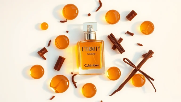 fragrance eternity calvin klein - Flat lay of Eternity Calvin Klein fragrance bottle with warm amber and vanilla i