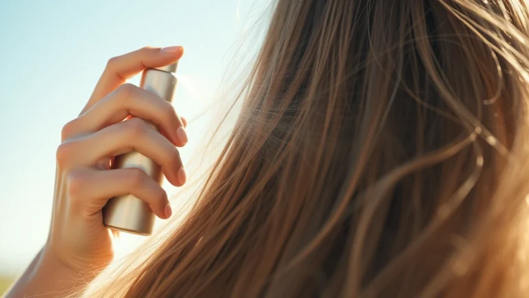 fragrance for hair - Close-up of someone spraying fragrance mist onto long flowing hair in natural su