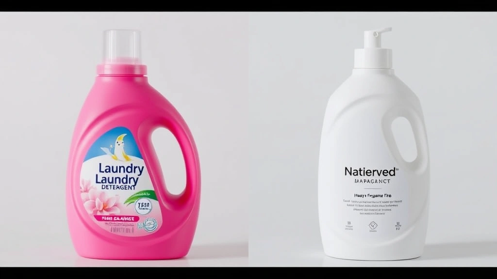 fragrance free laundry detergent - 
Split-screen comparison showing scented laundry detergent bottle with heavy fra
