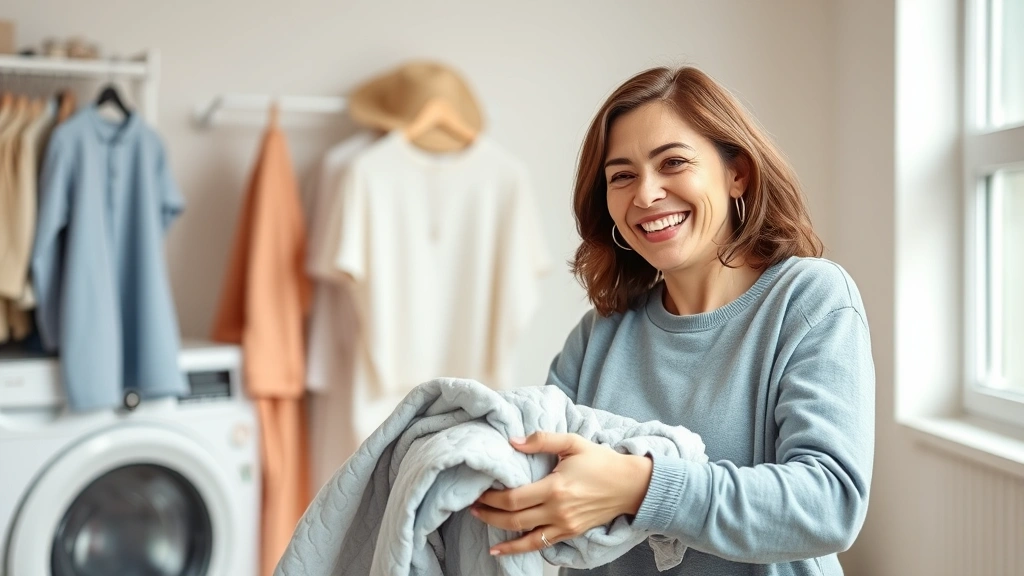 fragrance free laundry detergent - 
Person in comfortable clothing smiling while folding clean laundry, representin