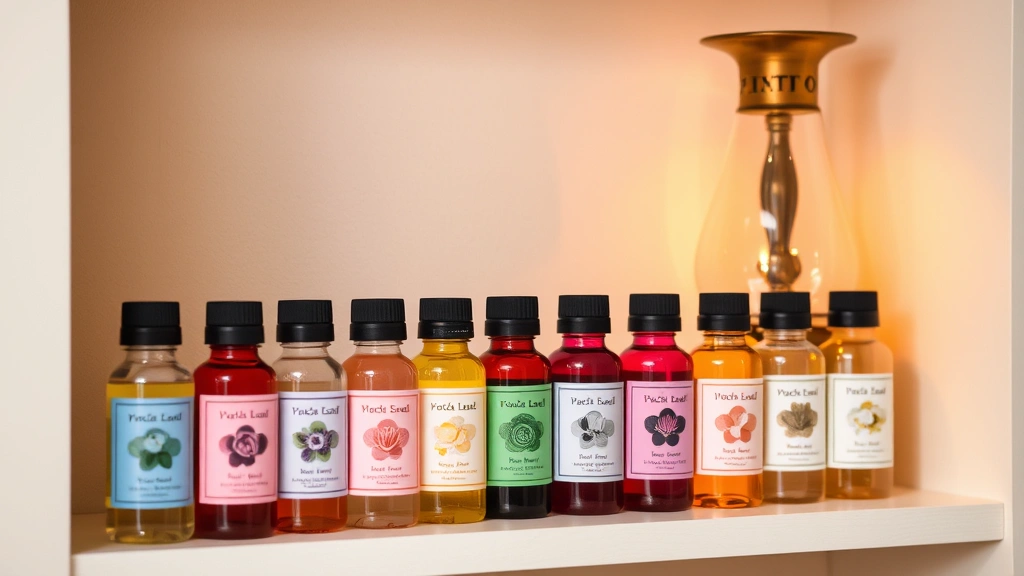 fragrance lamp - 
Fragrance lamp oil bottles in various scents arranged on a shelf next to the la
