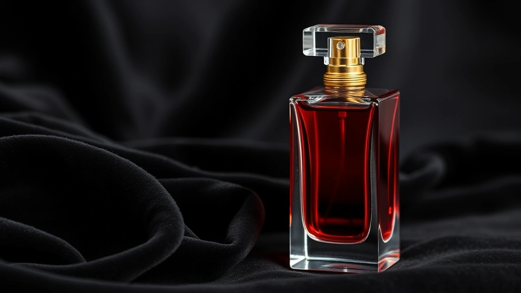 fragrance midnight rose - 
Elegant fragrance bottle with deep crimson liquid against black velvet with gol