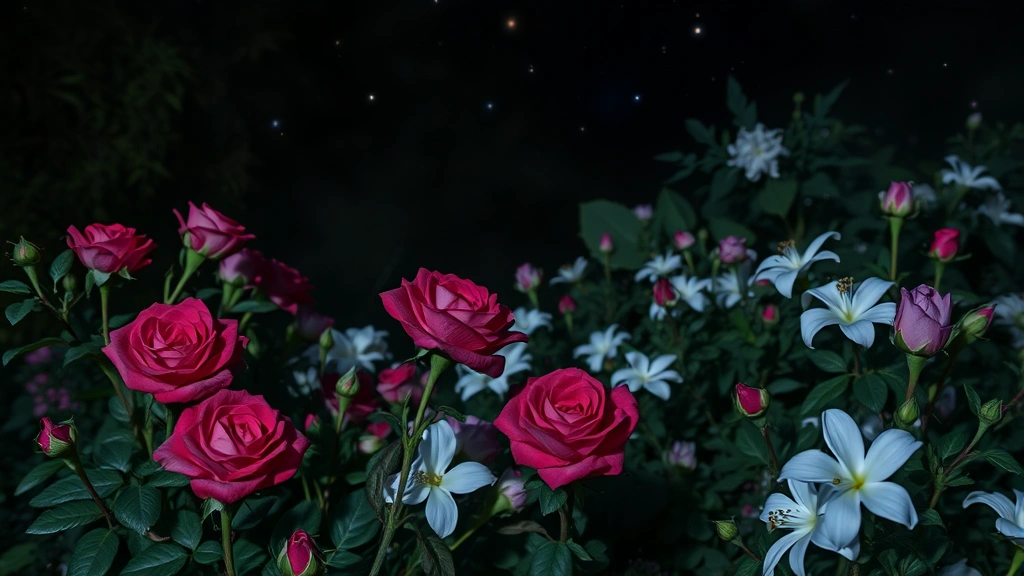 fragrance midnight rose - 
Nighttime garden scene with blooming dark roses and jasmine flowers under starl
