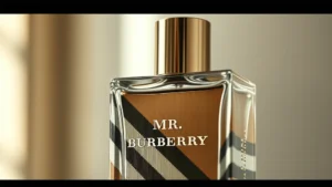 fragrance mr burberry - Close-up of Mr. Burberry fragrance bottle with classic Burberry plaid pattern in