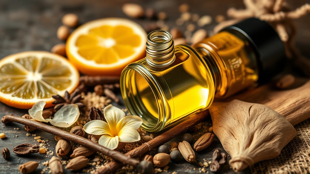 fragrance notes in perfume - 
Close-up of fragrance bottle with scattered ingredients like citrus bergamot va