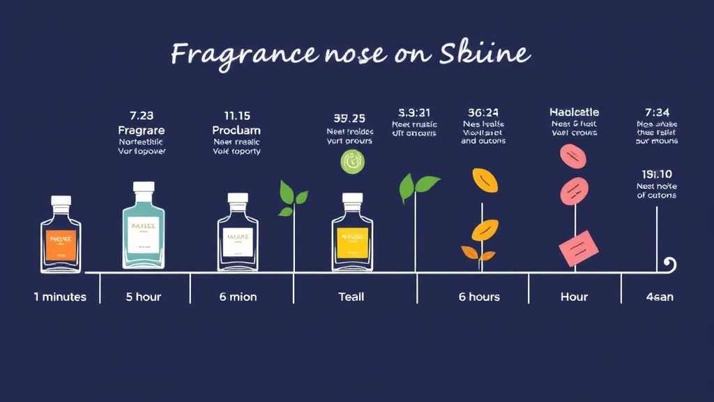 fragrance notes in perfume - 
Timeline illustration showing how fragrance notes evolve on skin from 5 minutes