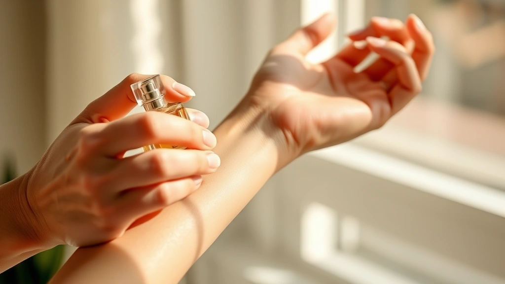 fragrance of musk - 
Person applying fragrance to wrist pulse point with soft natural light, showing