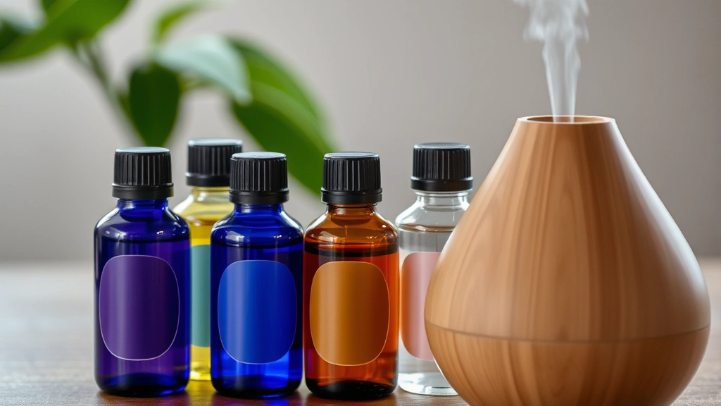 fragrance oil diffuser - 
Close-up of various fragrance oil bottles in different colors arranged next to 
