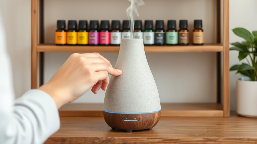 fragrance oil diffuser - 
Person adjusting settings on a diffuser with multiple bottles of essential and 
